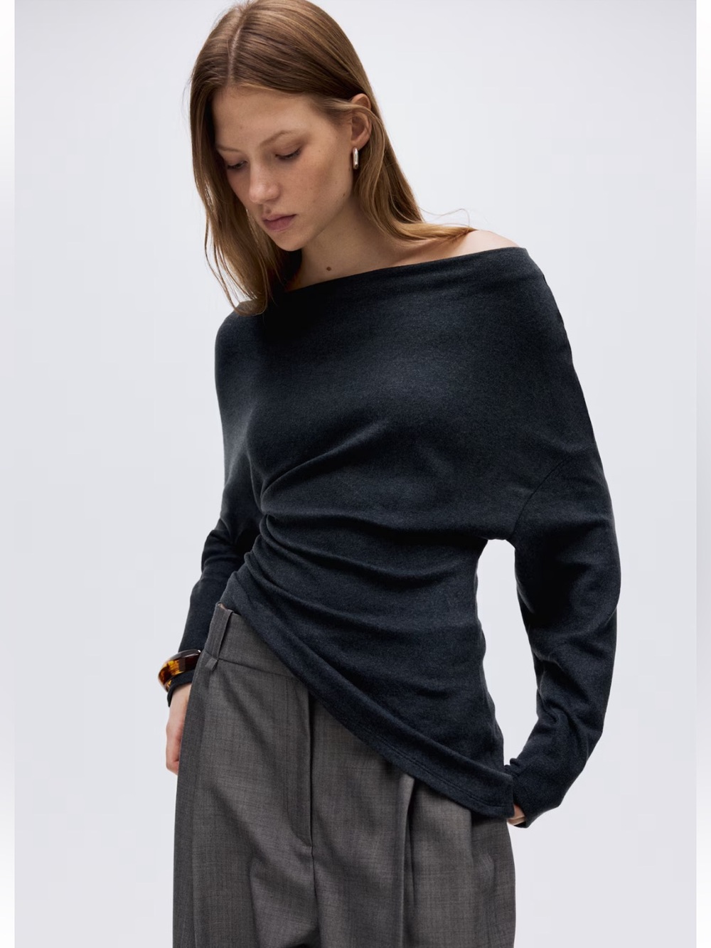 H&M Asymmetric Jersey Off-Shoulder  Top In Dark Grey Size Small